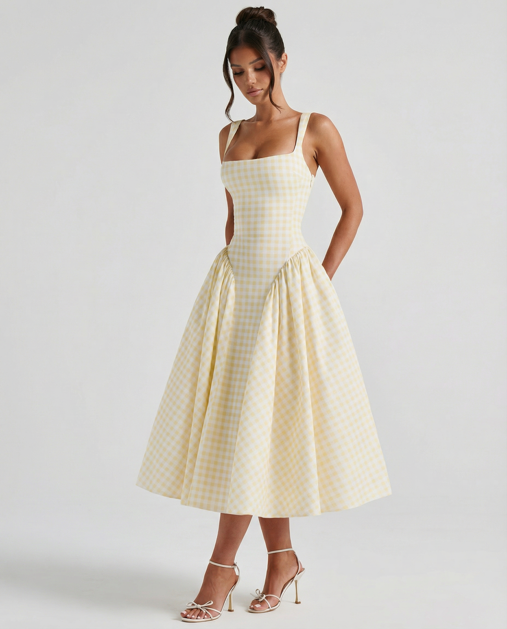 EVIE | Gingham Corset Square Neck Midi Dress