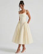 EVIE | Gingham Corset Square Neck Midi Dress