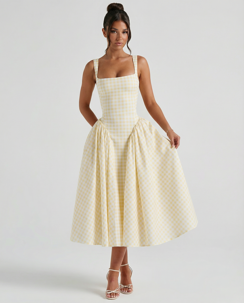 EVIE | Gingham Corset Square Neck Midi Dress