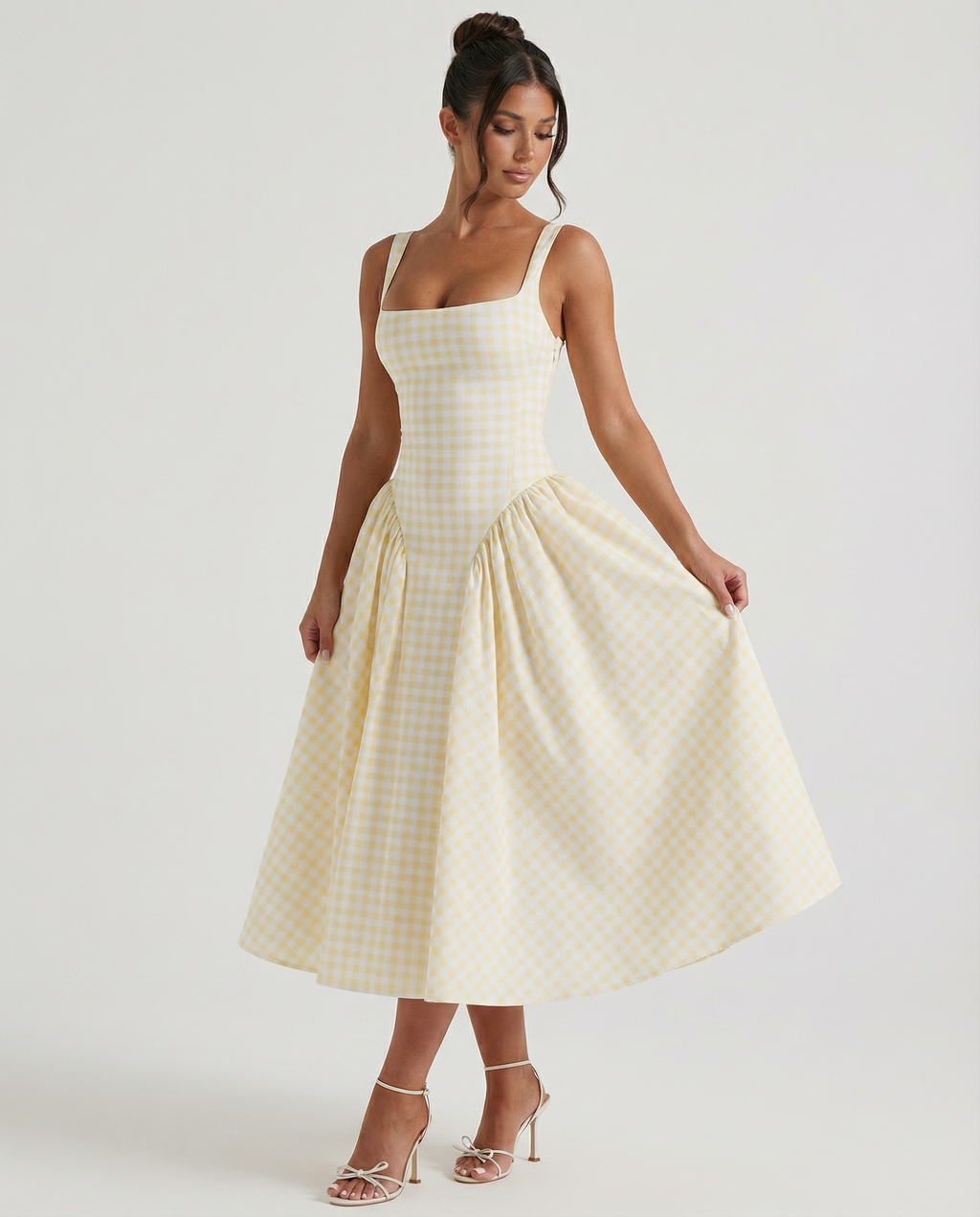 EVIE | Gingham Corset Square Neck Midi Dress