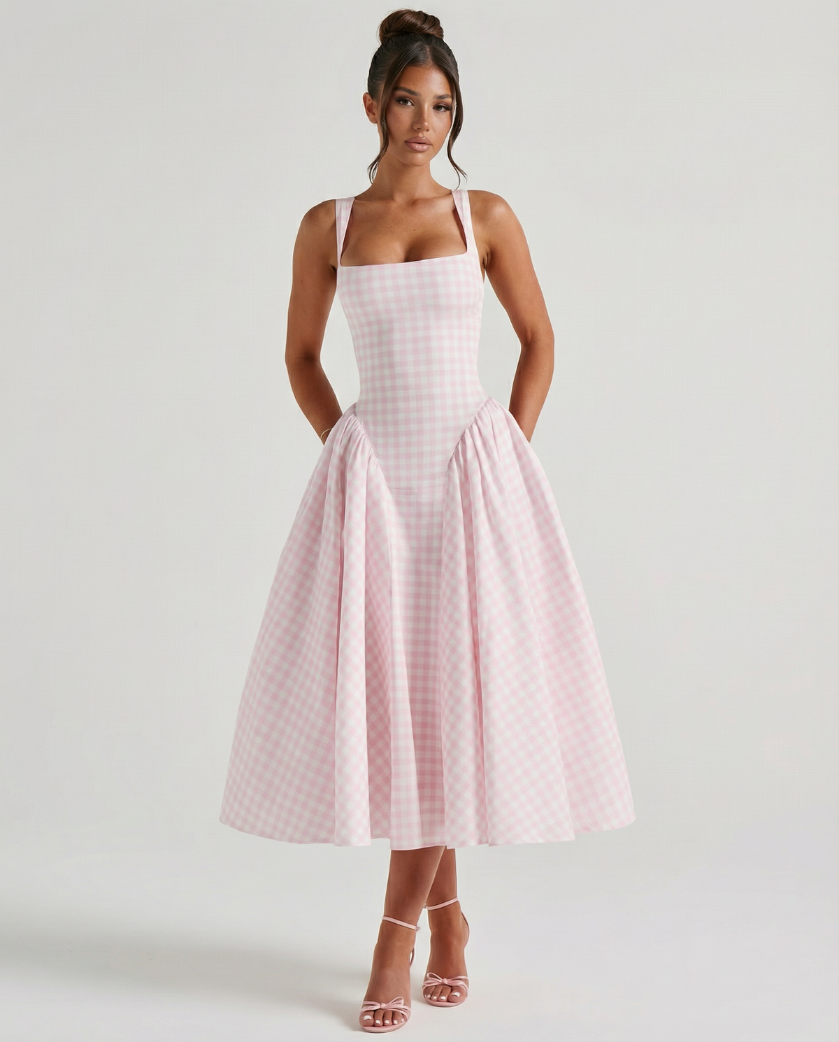 EVIE | Gingham Corset Square Neck Midi Dress