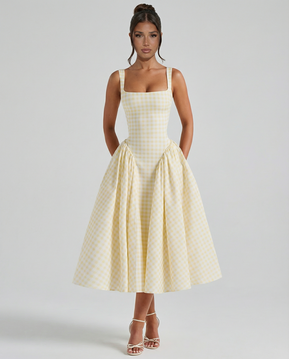 EVIE | Gingham Corset Square Neck Midi Dress