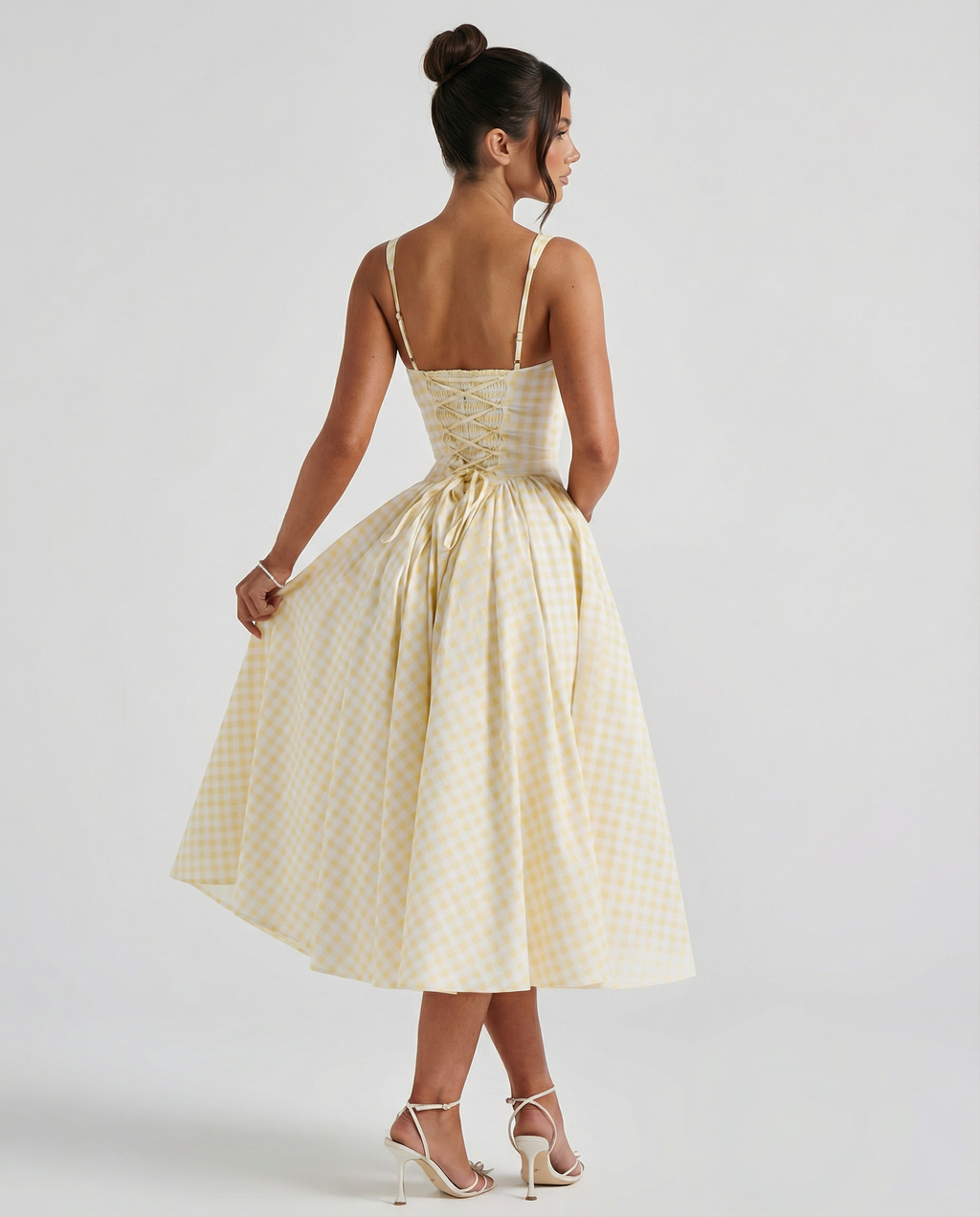 EVIE | Gingham Corset Square Neck Midi Dress