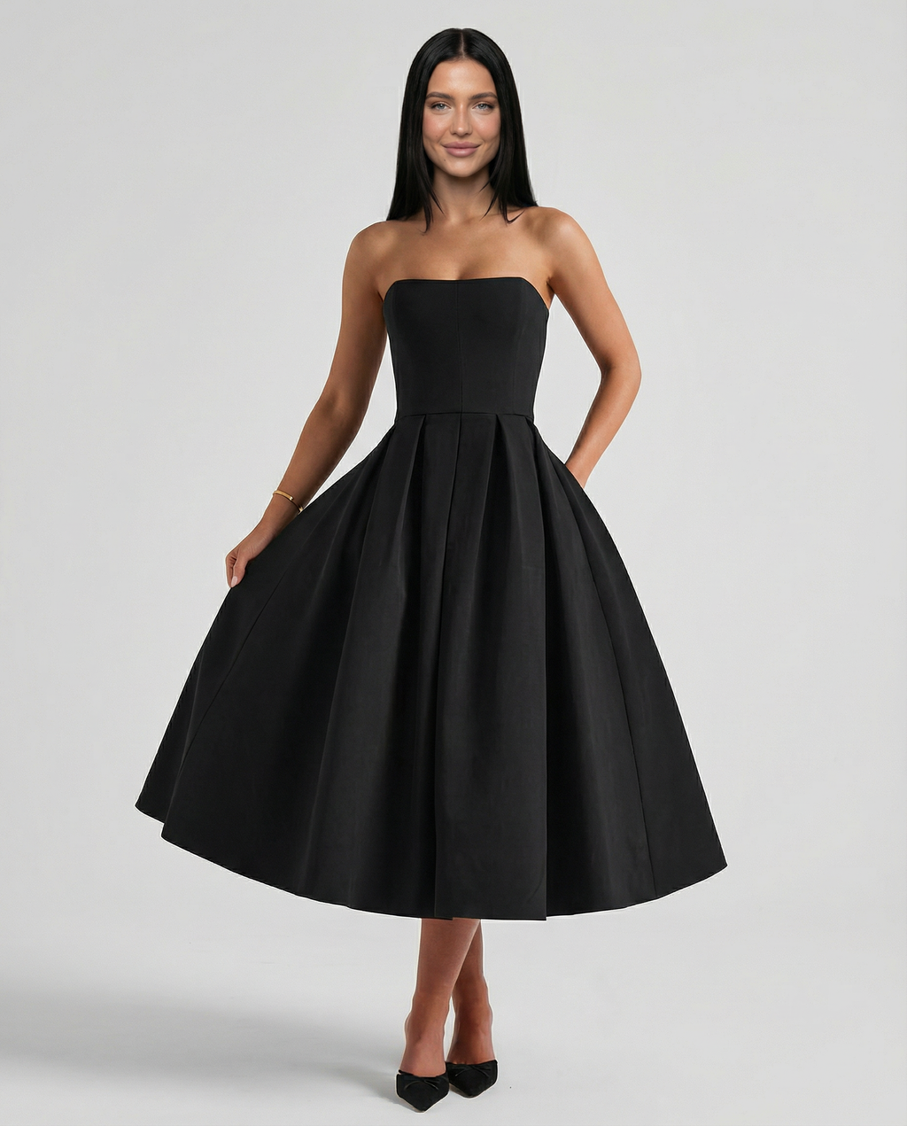 EVIE | Corset Strapless Full Skirt Midi Dress