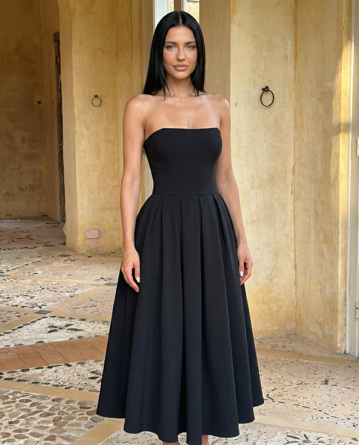EVIE | Corset Strapless Full Skirt Midi Dress