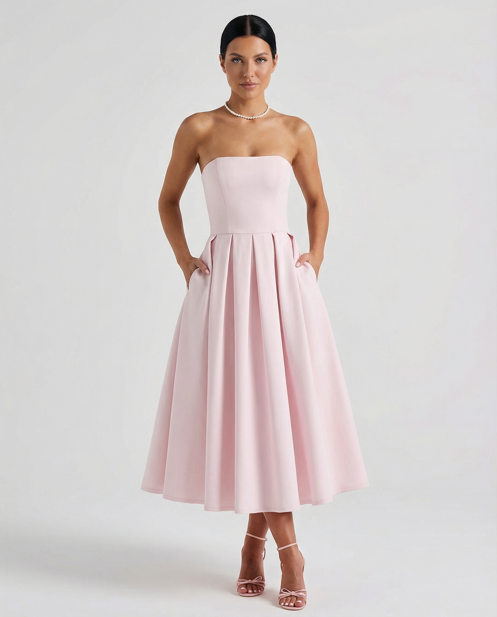 EVIE | Corset Strapless Full Skirt Midi Dress