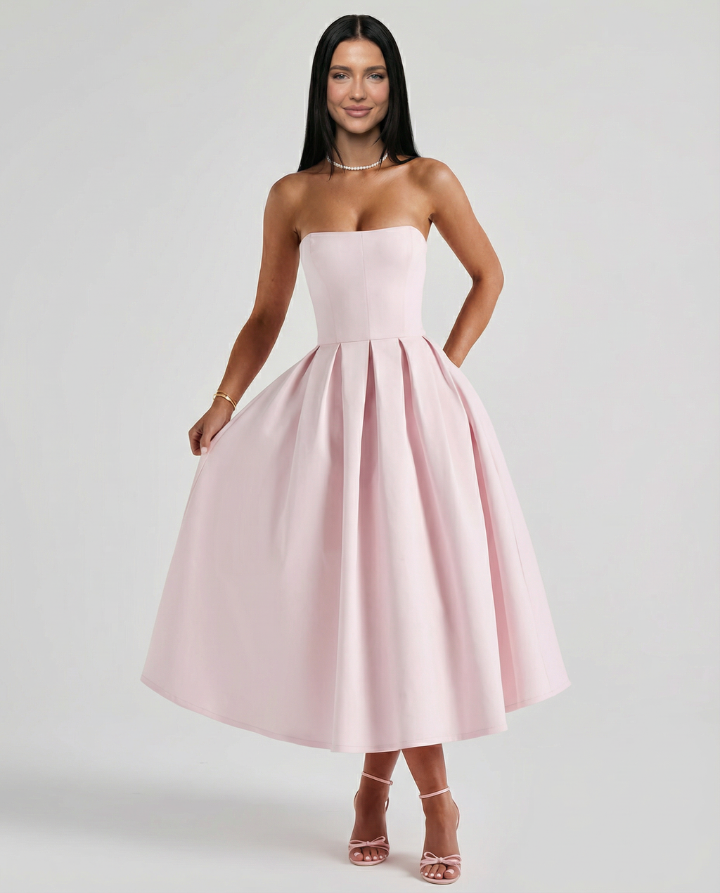 EVIE | Corset Strapless Full Skirt Midi Dress