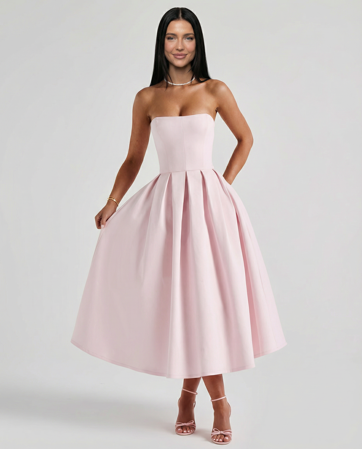 EVIE | Corset Strapless Full Skirt Midi Dress