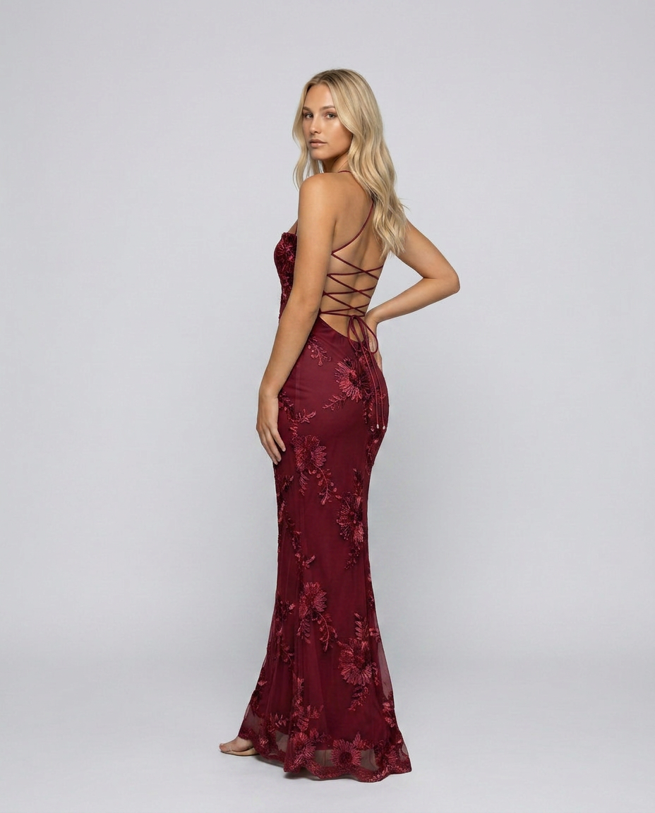EVIE | Floral Appliqué Corset Lace-Up Back Maxi Dress