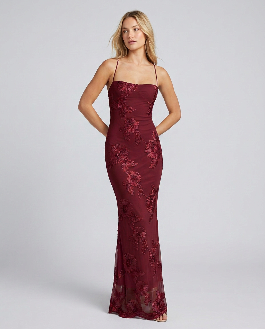 EVIE | Floral Appliqué Corset Lace-Up Back Maxi Dress