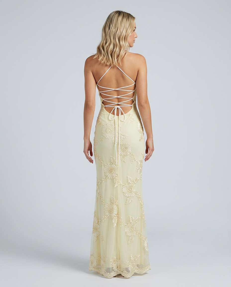 EVIE | Floral Appliqué Corset Lace-Up Back Maxi Dress