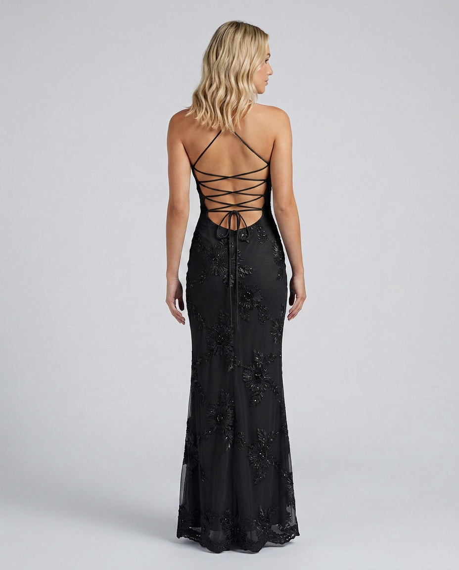 EVIE | Floral Appliqué Corset Lace-Up Back Maxi Dress