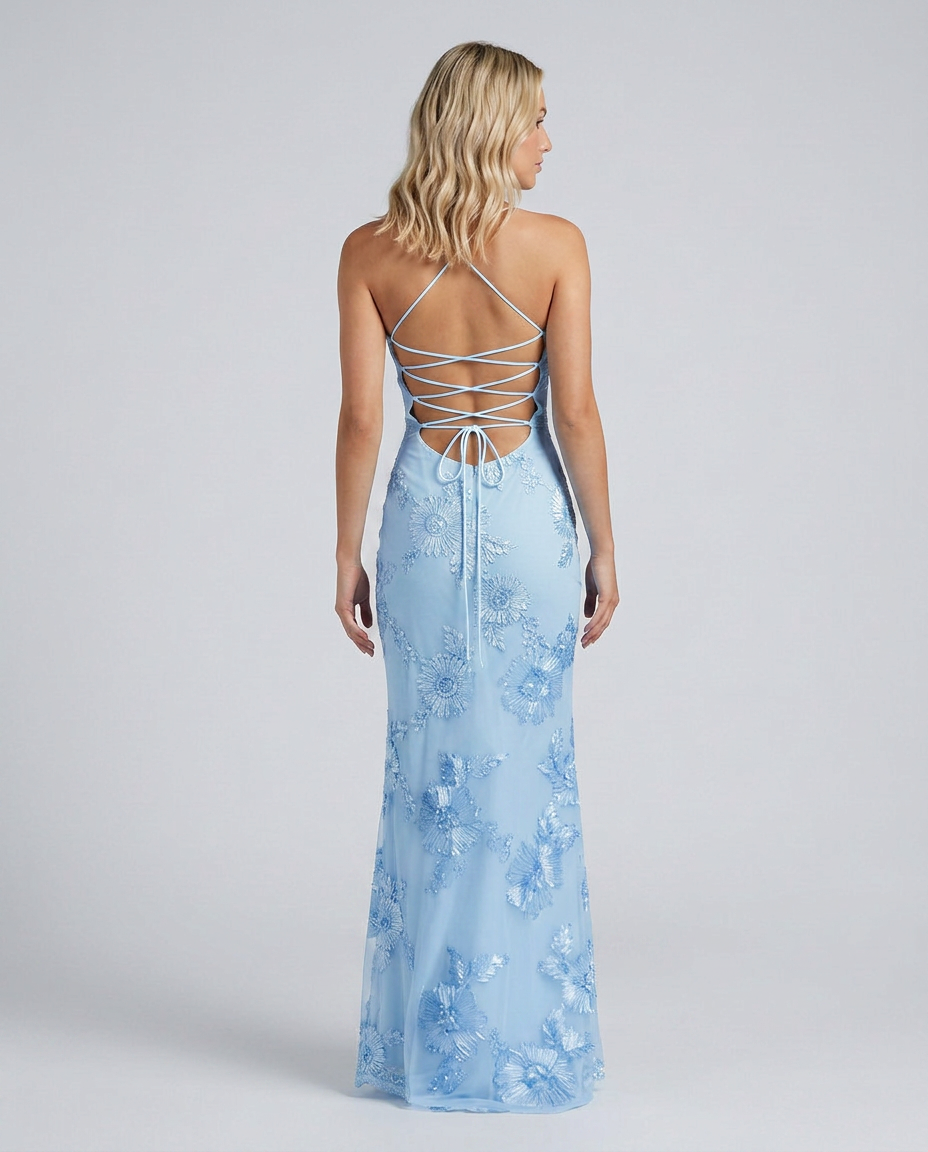 EVIE | Floral Appliqué Corset Lace-Up Back Maxi Dress
