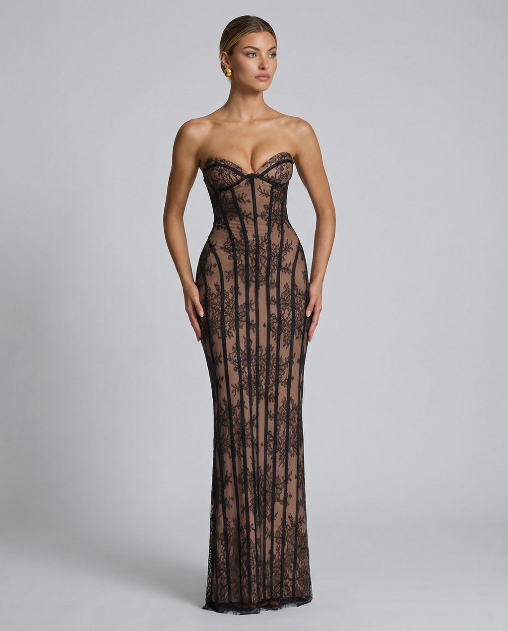 EVIE | Lace Corset Lace-Up Back Strapless Maxi Dress