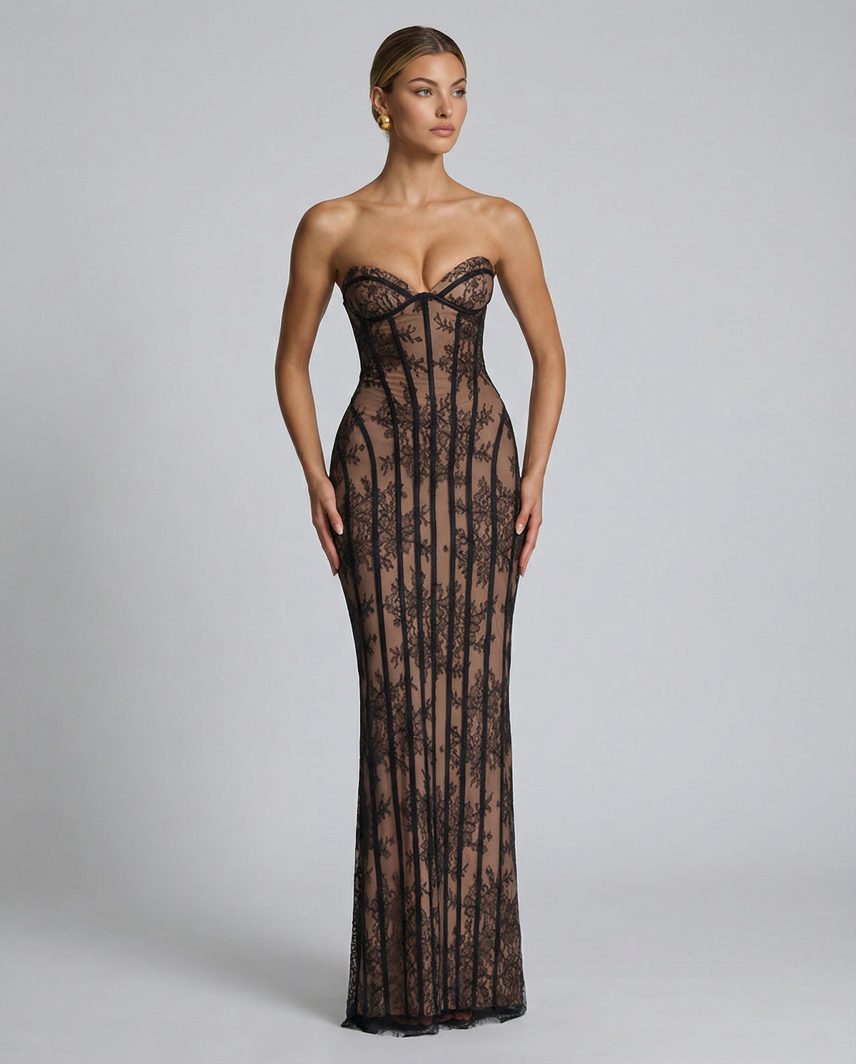 EVIE | Lace Corset Lace-Up Back Strapless Maxi Dress