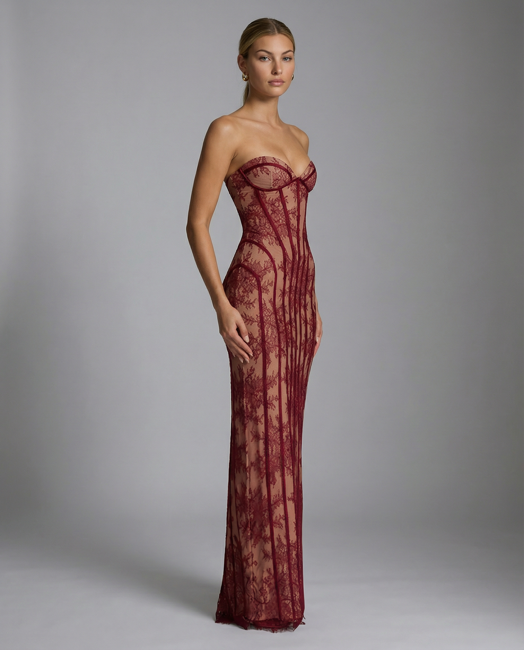 EVIE | Lace Corset Lace-Up Back Strapless Maxi Dress