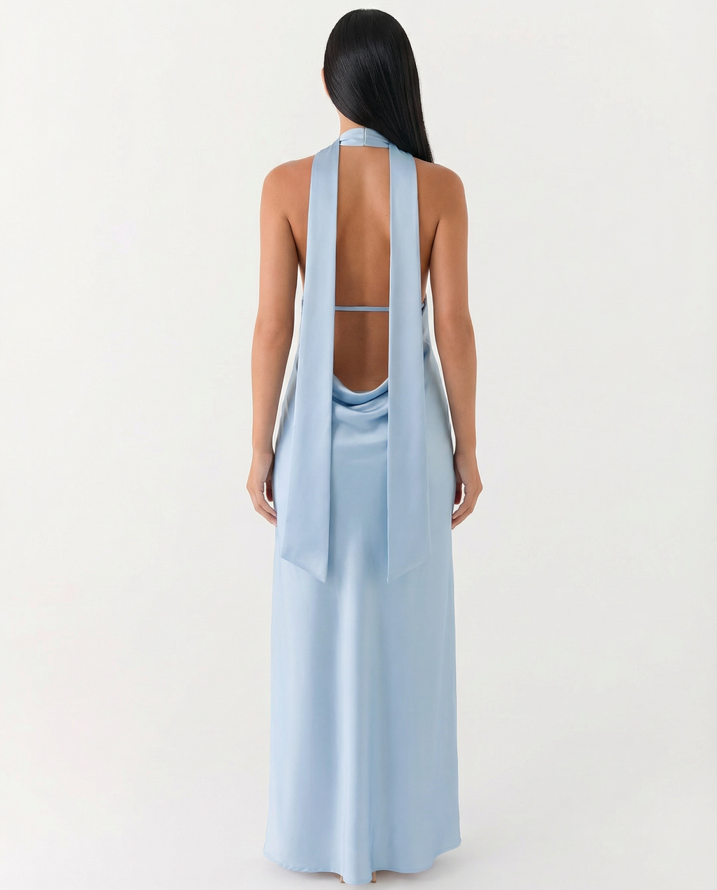 EVIE | Satin Halter V Neck Cowl Back Maxi Dress