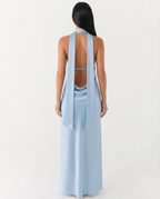 EVIE | Satin Halter V Neck Cowl Back Maxi Dress