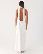 EVIE | Satin Halter V Neck Cowl Back Maxi Dress