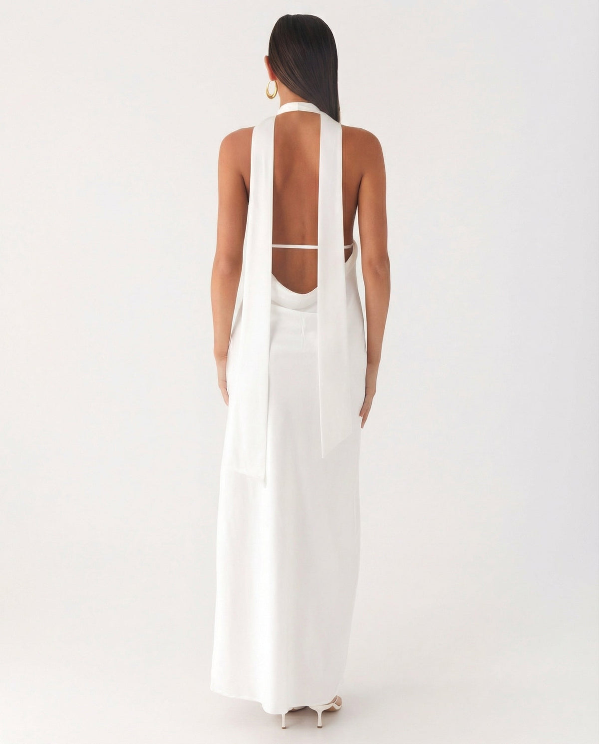 EVIE | Satin Halter V Neck Cowl Back Maxi Dress
