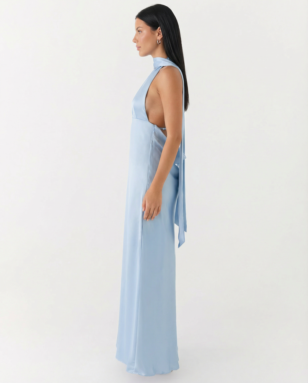 EVIE | Satin Halter V Neck Cowl Back Maxi Dress