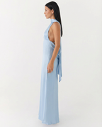 EVIE | Satin Halter V Neck Cowl Back Maxi Dress