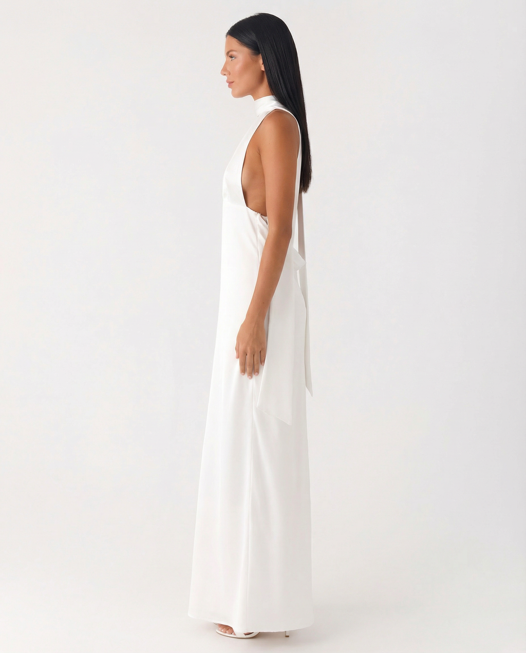 EVIE | Satin Halter V Neck Cowl Back Maxi Dress