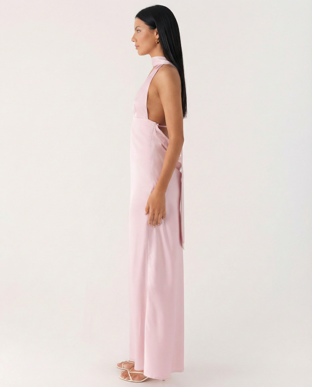 EVIE | Satin Halter V Neck Cowl Back Maxi Dress