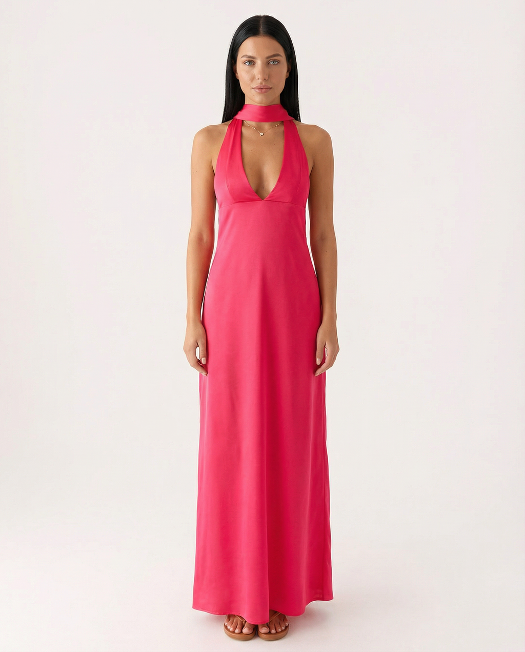 EVIE | Satin Halter V Neck Cowl Back Maxi Dress