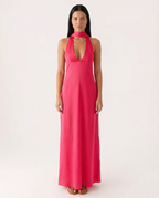 EVIE | Satin Halter V Neck Cowl Back Maxi Dress