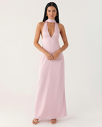 EVIE | Satin Halter V Neck Cowl Back Maxi Dress