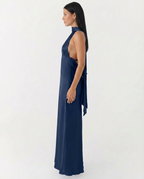 EVIE | Satin Halter V Neck Cowl Back Maxi Dress