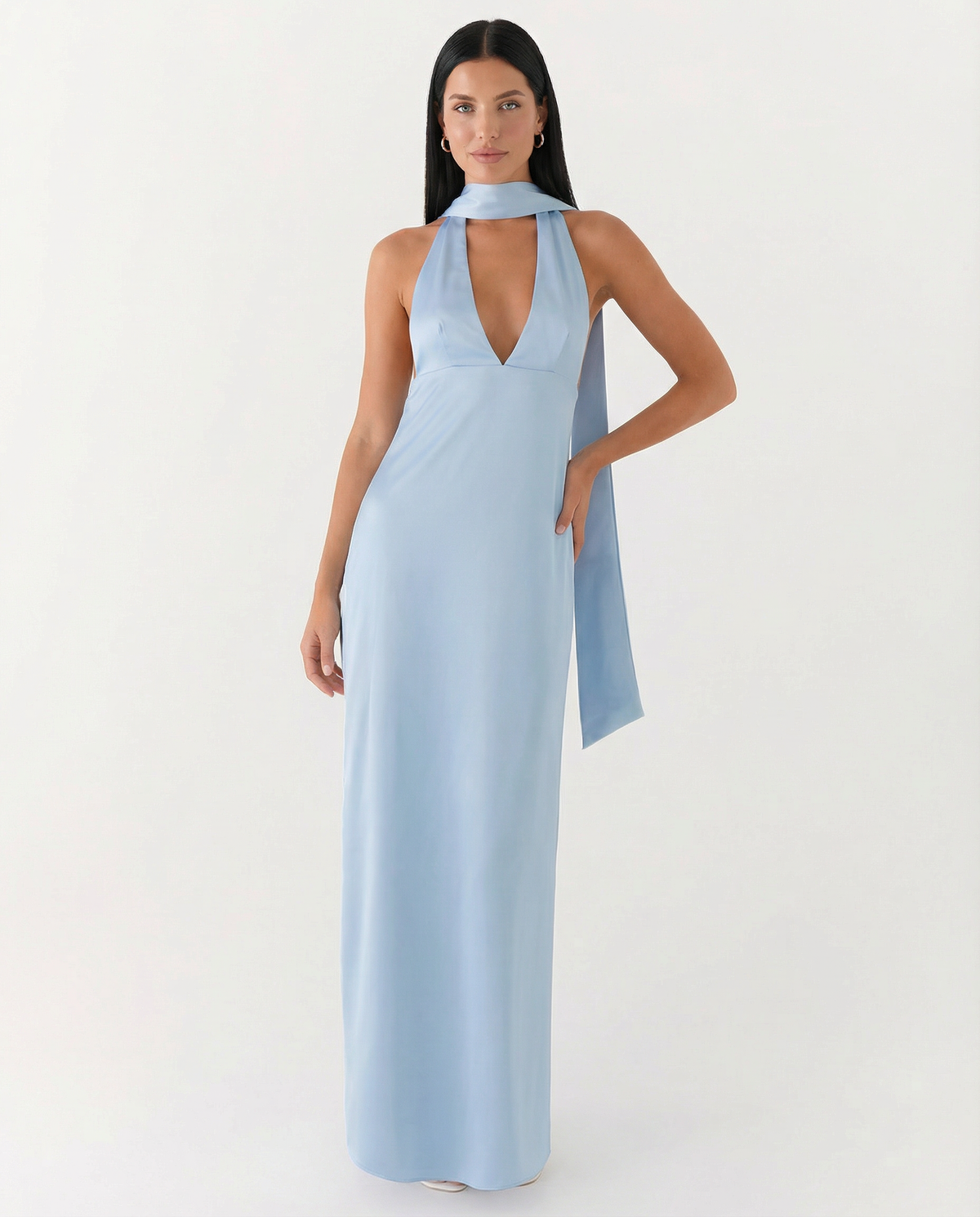 EVIE | Satin Halter V Neck Cowl Back Maxi Dress