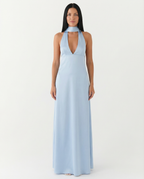 EVIE | Satin Halter V Neck Cowl Back Maxi Dress