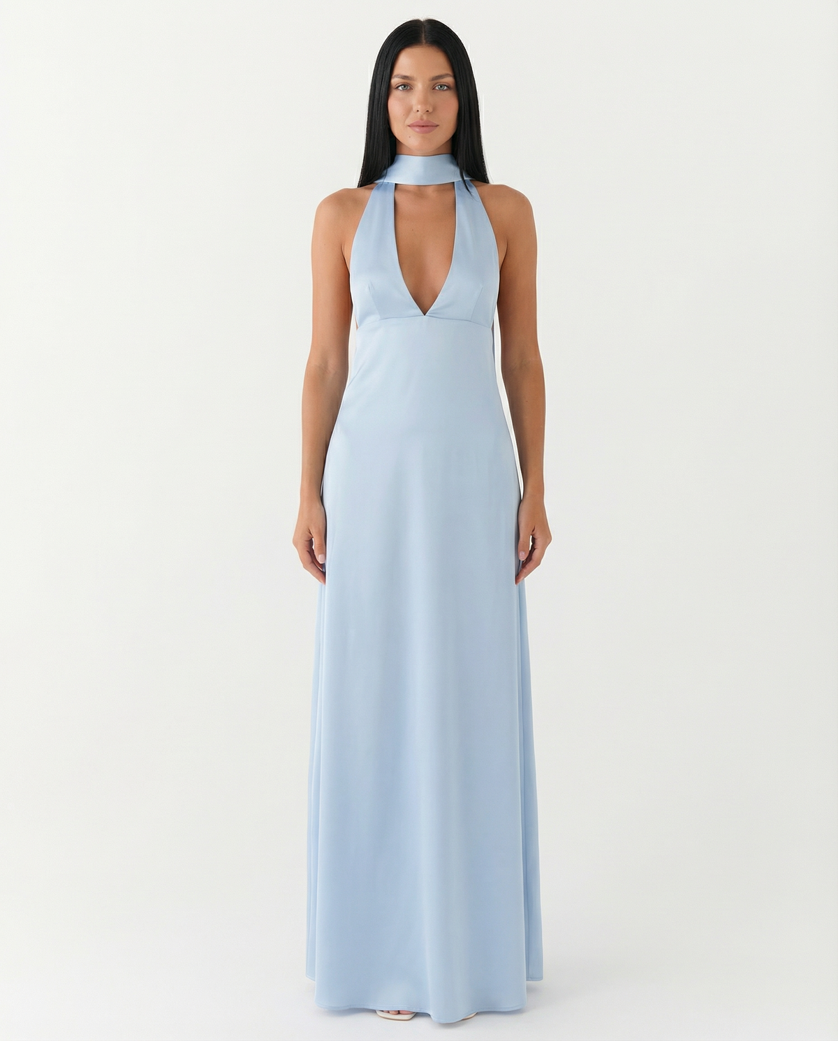 EVIE | Satin Halter V Neck Cowl Back Maxi Dress