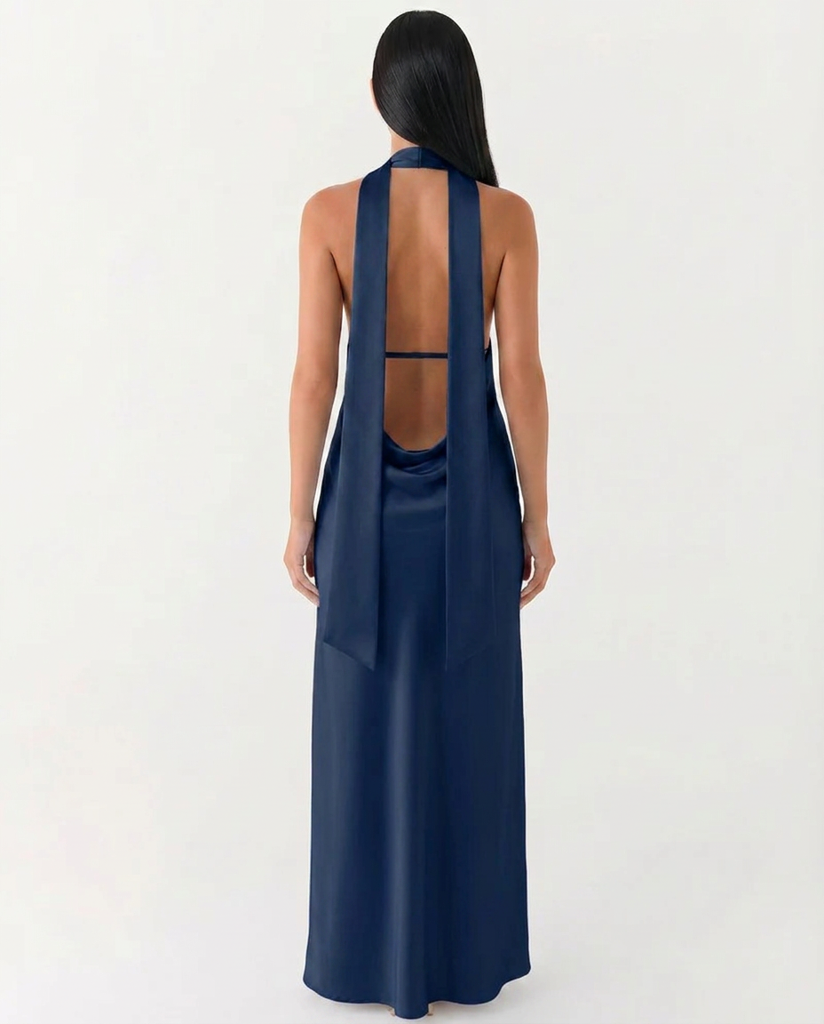 EVIE | Satin Halter V Neck Cowl Back Maxi Dress