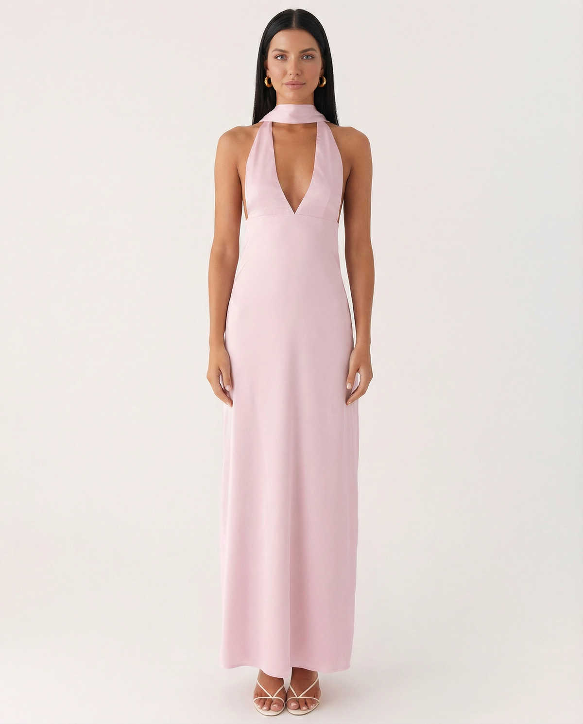EVIE | Satin Halter V Neck Cowl Back Maxi Dress
