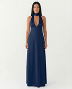 EVIE | Satin Halter V Neck Cowl Back Maxi Dress