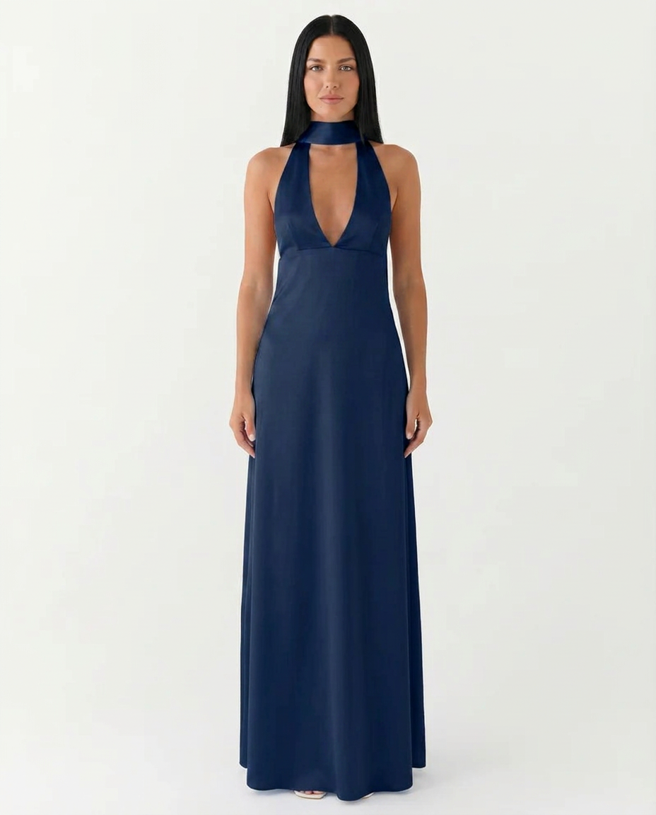 EVIE | Satin Halter V Neck Cowl Back Maxi Dress