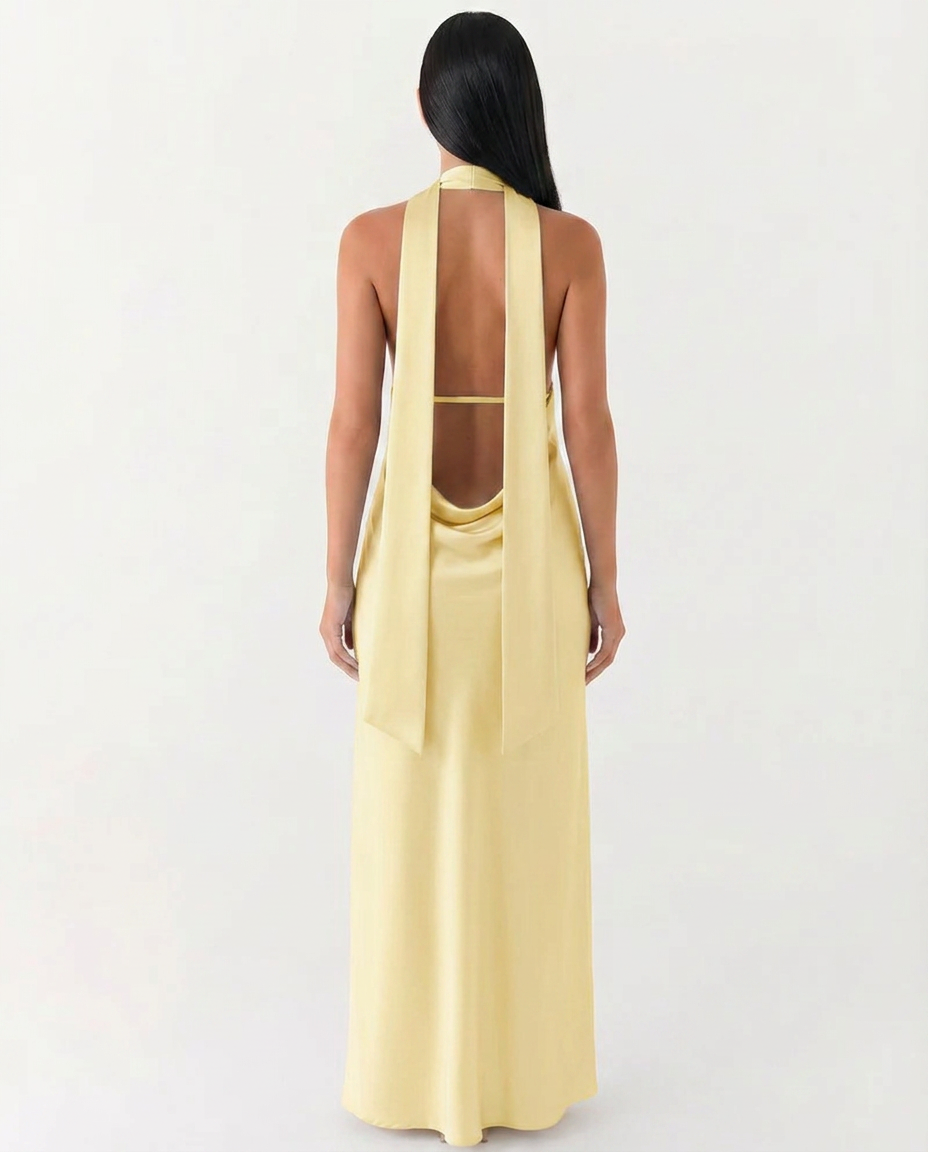 EVIE | Satin Halter V Neck Cowl Back Maxi Dress