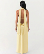 EVIE | Satin Halter V Neck Cowl Back Maxi Dress