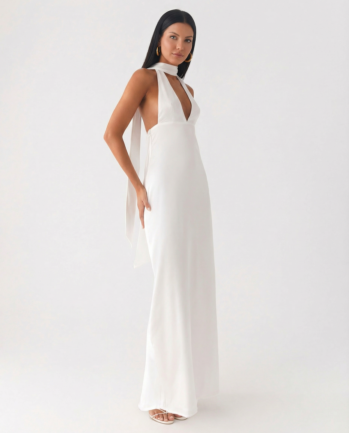 EVIE | Satin Halter V Neck Cowl Back Maxi Dress