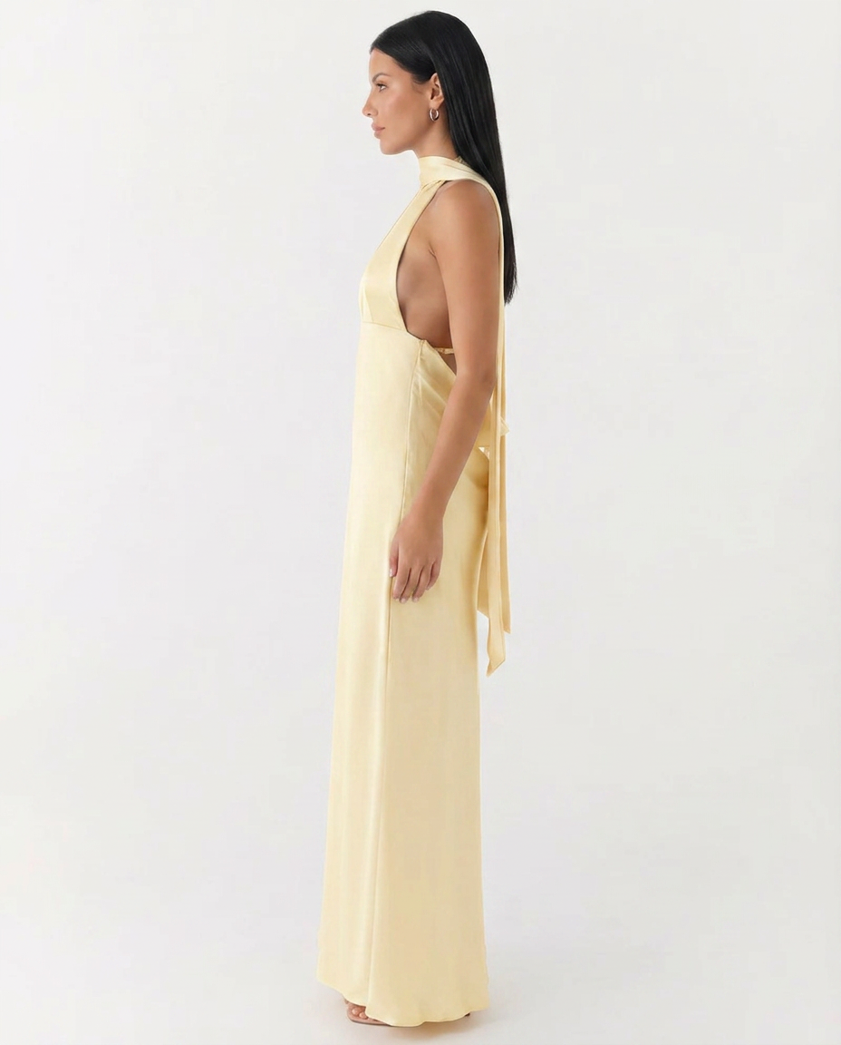 EVIE | Satin Halter V Neck Cowl Back Maxi Dress