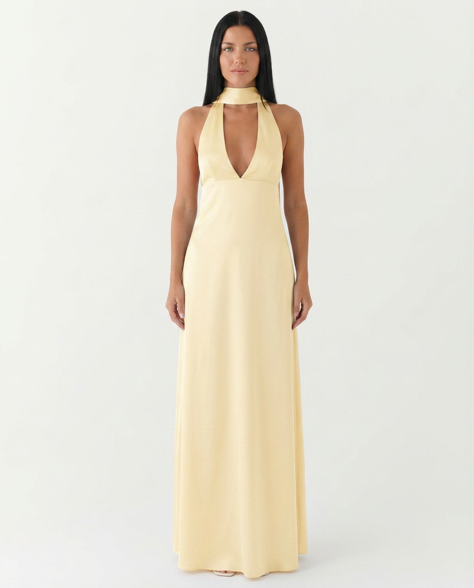EVIE | Satin Halter V Neck Cowl Back Maxi Dress