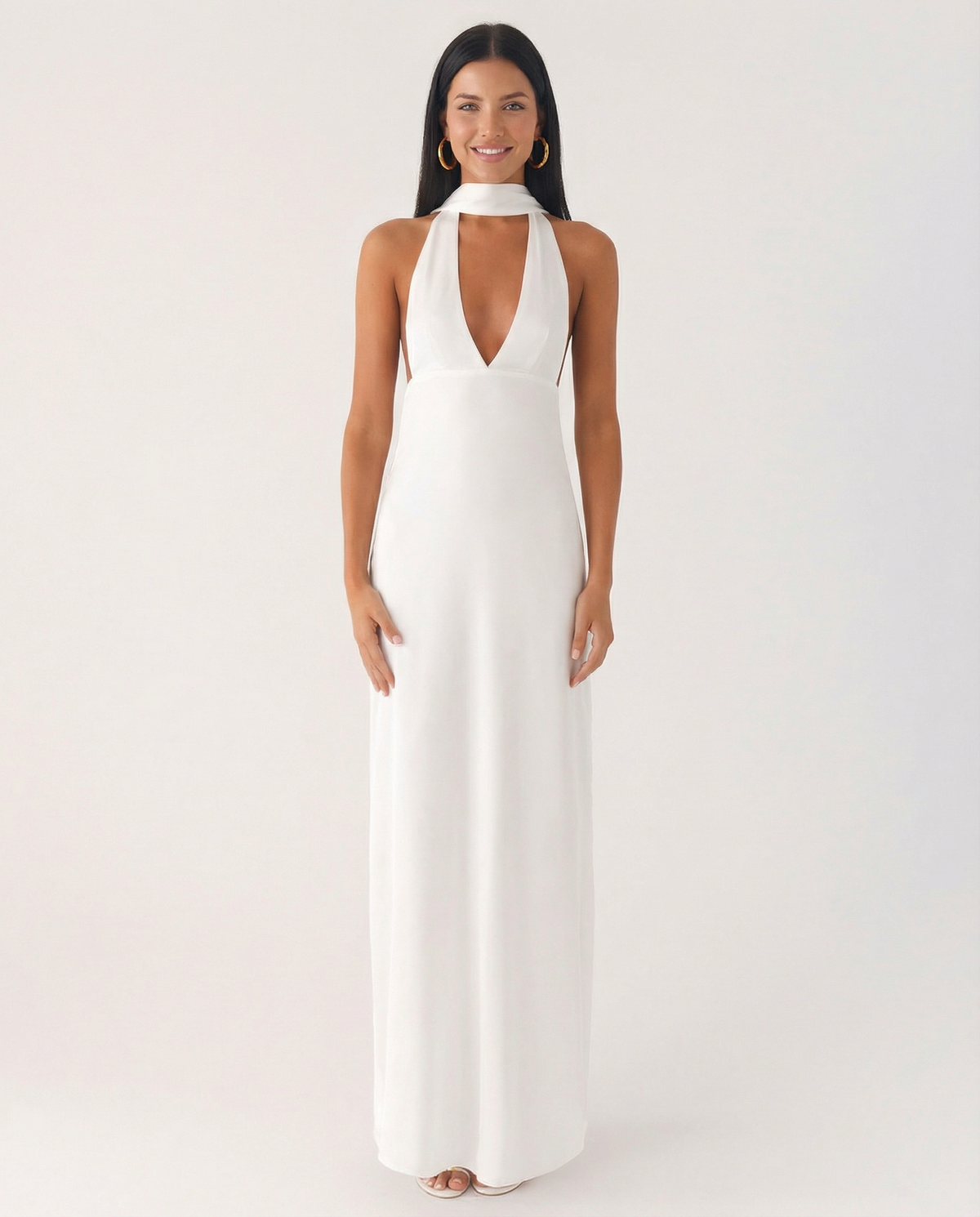 EVIE | Satin Halter V Neck Cowl Back Maxi Dress