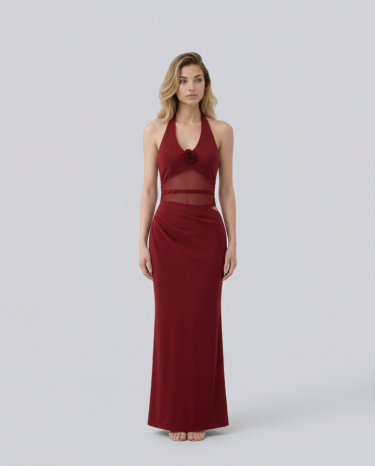 EVIE | Halter Mesh Waist Panel Bodycon Maxi Dress