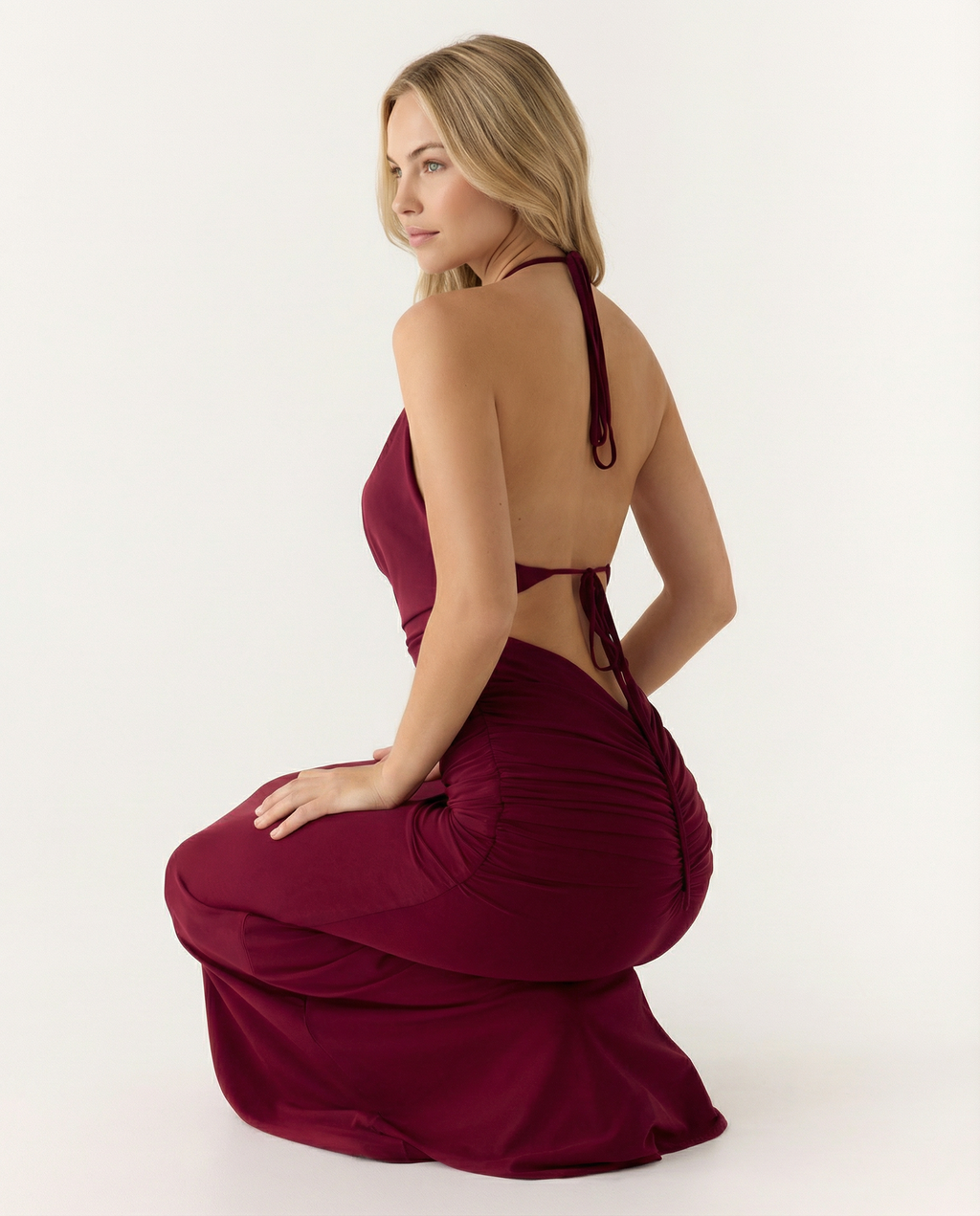 EVIE | Satin Halter Cowl Neck Ruched Maxi Dress