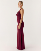 EVIE | Satin Halter Cowl Neck Ruched Maxi Dress