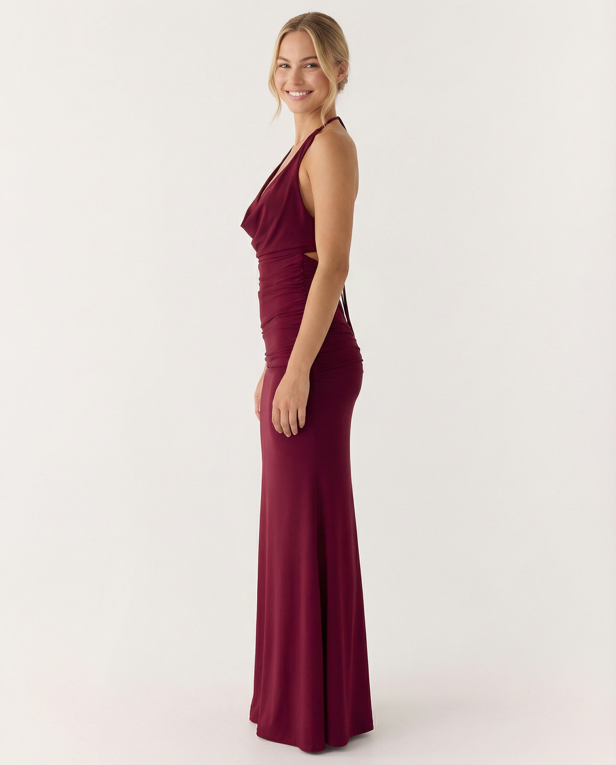 EVIE | Satin Halter Cowl Neck Ruched Maxi Dress