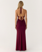 EVIE | Satin Halter Cowl Neck Ruched Maxi Dress